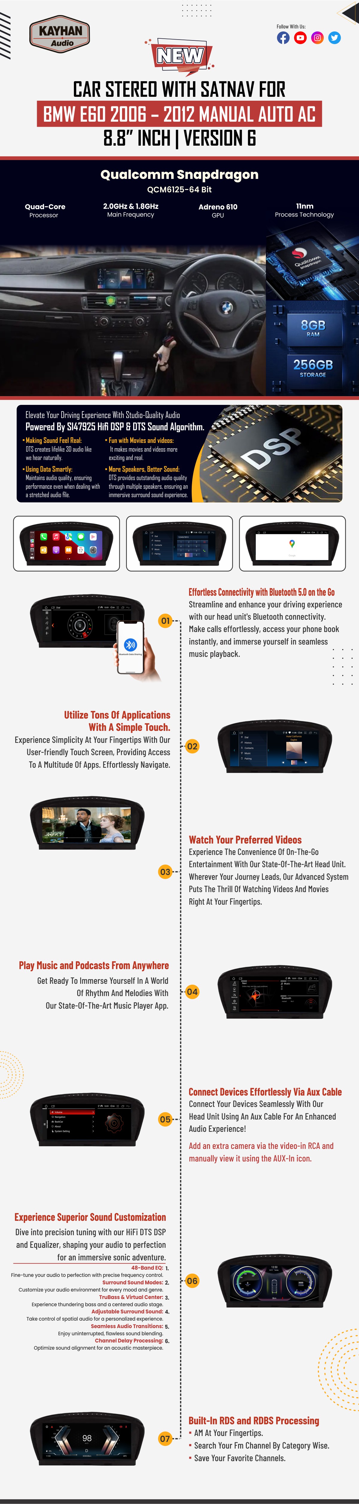 Car Stereo with SatNav for BMW E60 | 2006 – 2012 | Version 6 | 8.8″ inch Manual Auto AC